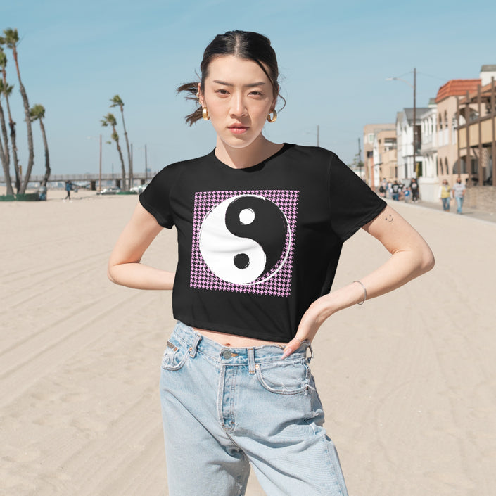Pink Black and White Yin and Yang Women's Flowy Cropped Tee