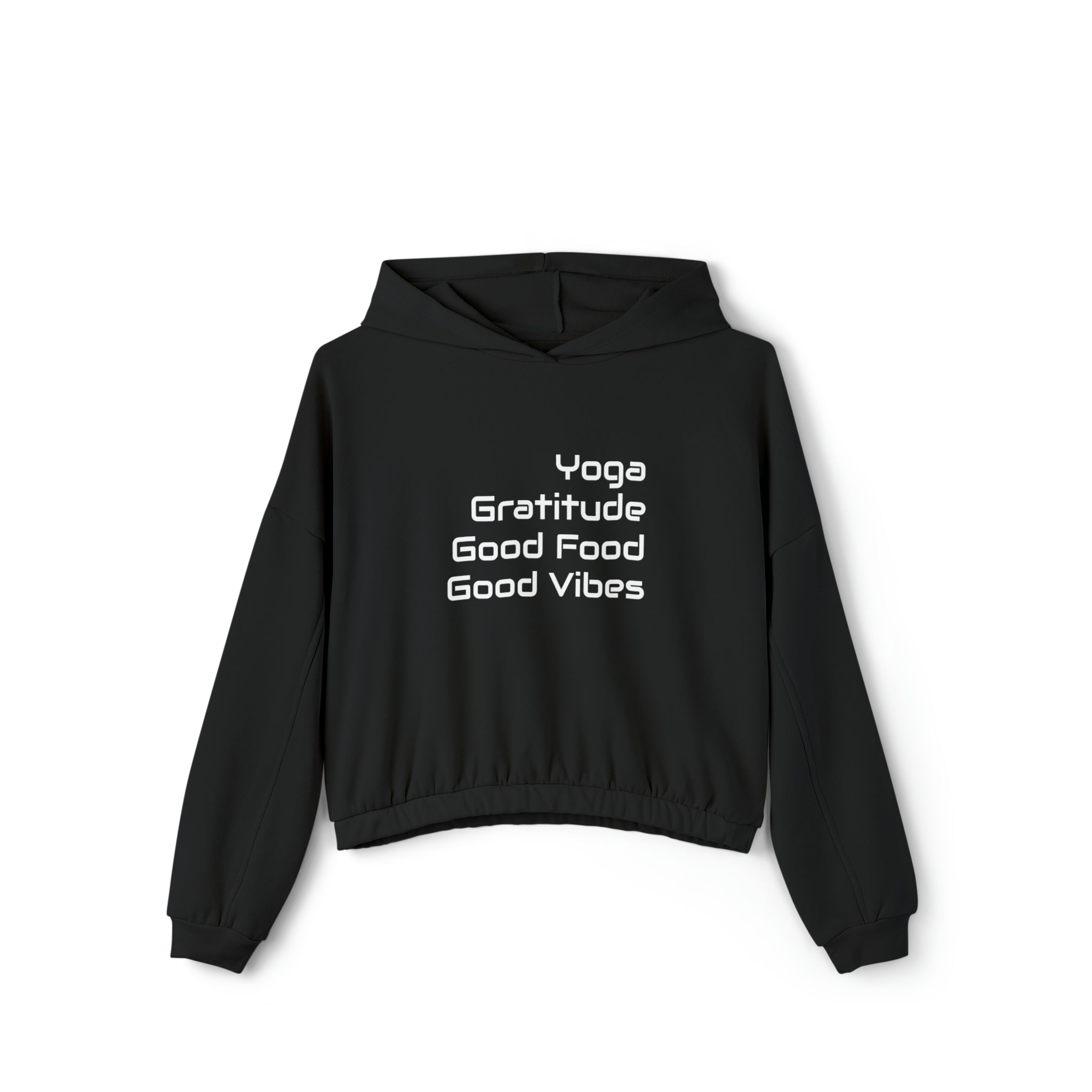 Yoga, Gratitude, Good Food and Good Vibes Cropped Women's Cinched Bottom Hoodie, Green, Gray, Black, Tan