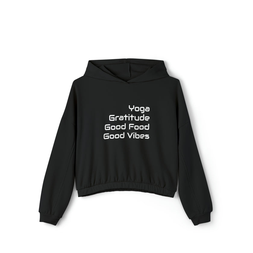 Yoga, Gratitude, Good Food and Good Vibes Cropped Women's Cinched Bottom Hoodie, Green, Gray, Black, Tan