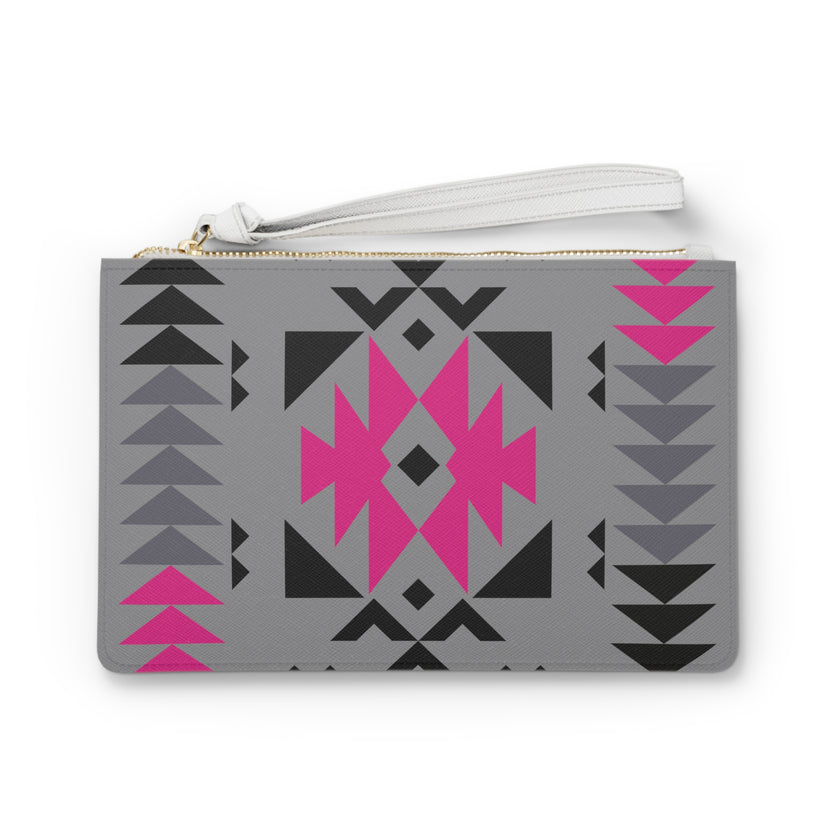 Pink Gray and Black Native Pattern Clutch Bag