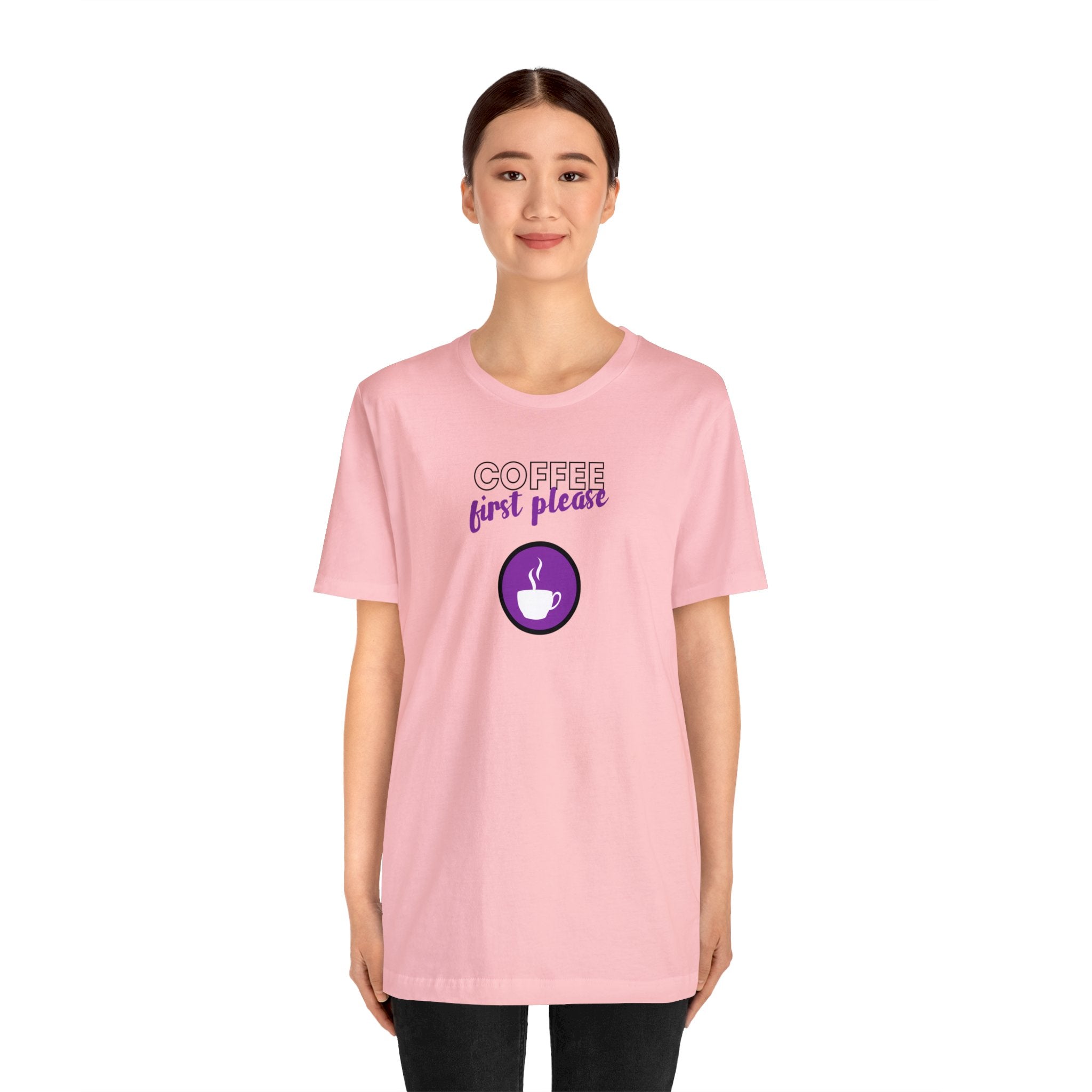 Coffee first please purple image Unisex Jersey Short Sleeve Tee