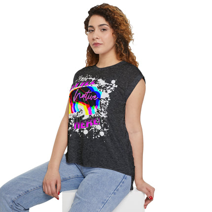 Native Innii aka Bison Graphic, Still Here, Native Pride, White, Mauve, Black, Teal or Grey, Women’s Flowy Rolled Cuffs Muscle Tee