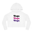 Yoga Yoga Yoga, Black Pink Purple text Women’s Cropped Hooded Sweatshirt, White or Gray