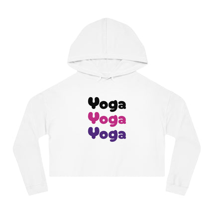 Yoga Yoga Yoga, Black Pink Purple text Women’s Cropped Hooded Sweatshirt, White or Gray
