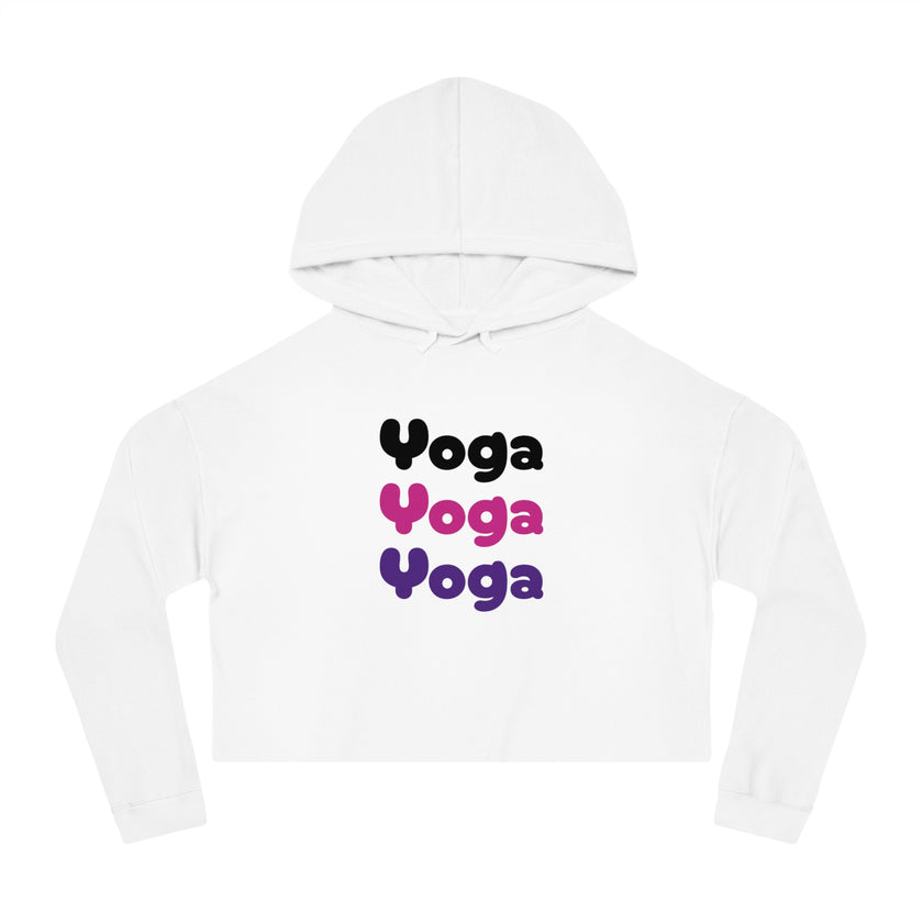 Yoga Yoga Yoga, Black Pink Purple text Women’s Cropped Hooded Sweatshirt, White or Gray