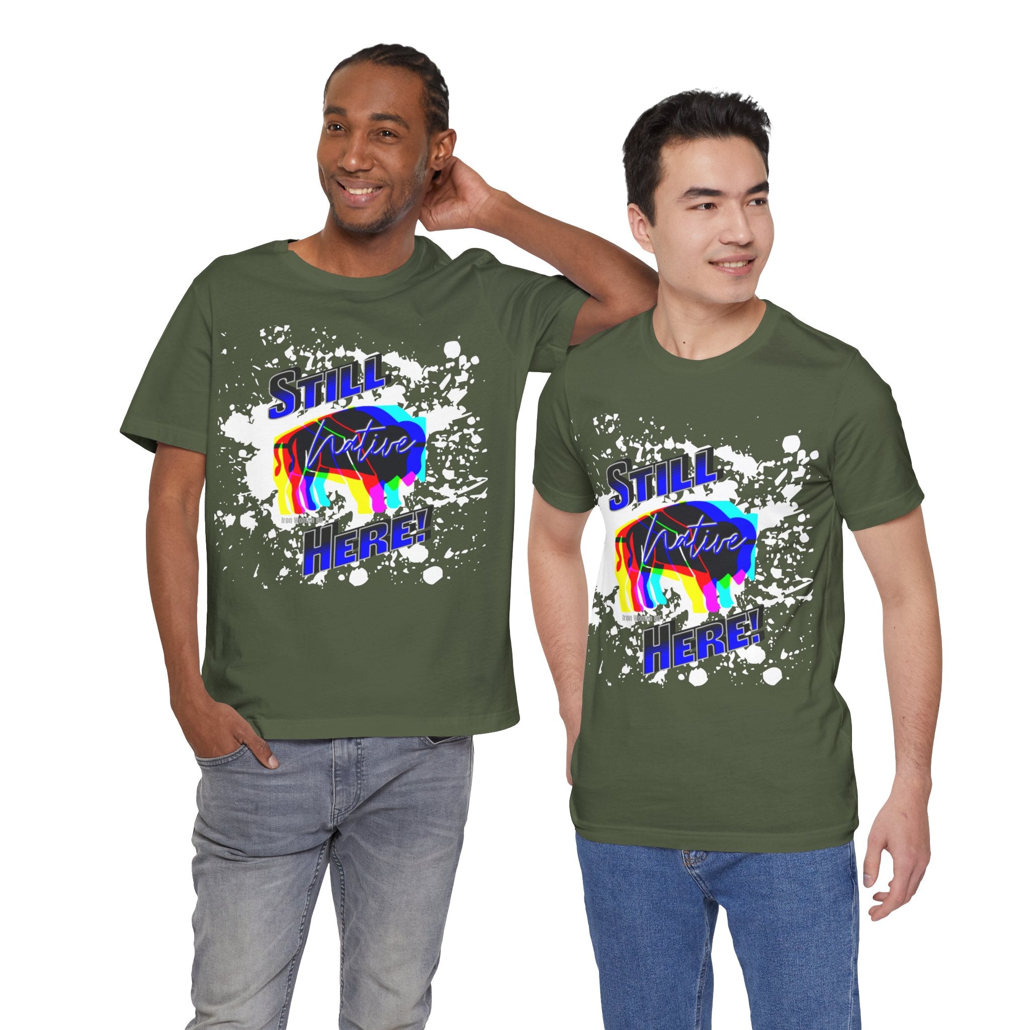 Native Innii aka Bison Graphic, Still Here, Native Pride, White, Orange, Black, Green, Blue, or Red Unisex Jersey Short Sleeve Tee