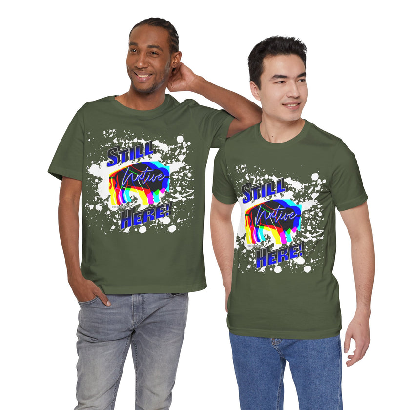 Native Innii aka Bison Graphic, Still Here, Native Pride, White, Orange, Black, Green, Blue, or Red Unisex Jersey Short Sleeve Tee