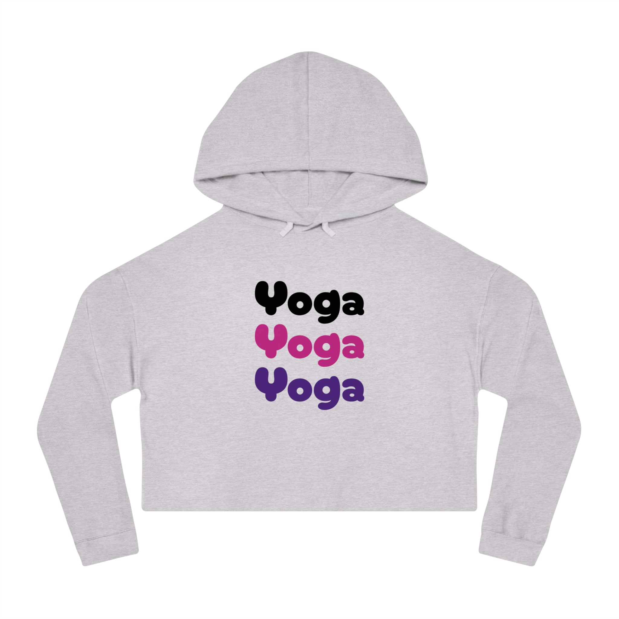 Yoga Yoga Yoga, Black Pink Purple text Women’s Cropped Hooded Sweatshirt, White or Gray