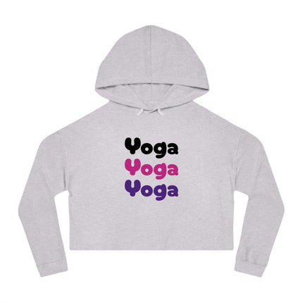 Yoga Yoga Yoga, Black Pink Purple text Women’s Cropped Hooded Sweatshirt, White or Gray