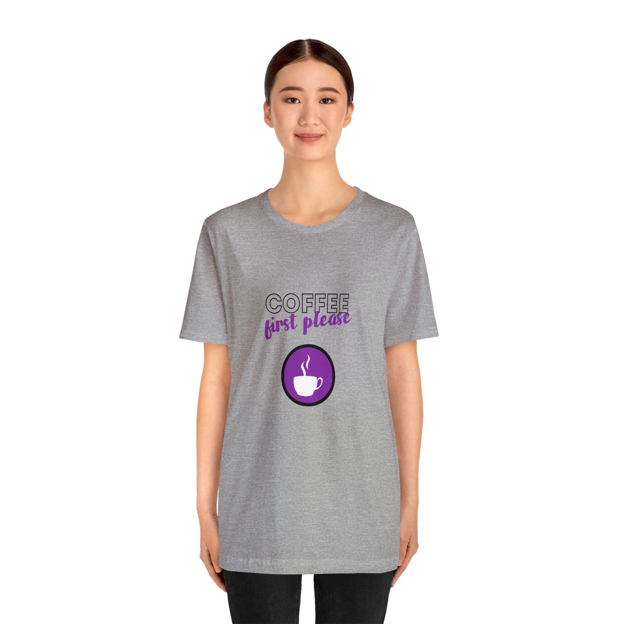 Coffee first please purple image Unisex Jersey Short Sleeve Tee