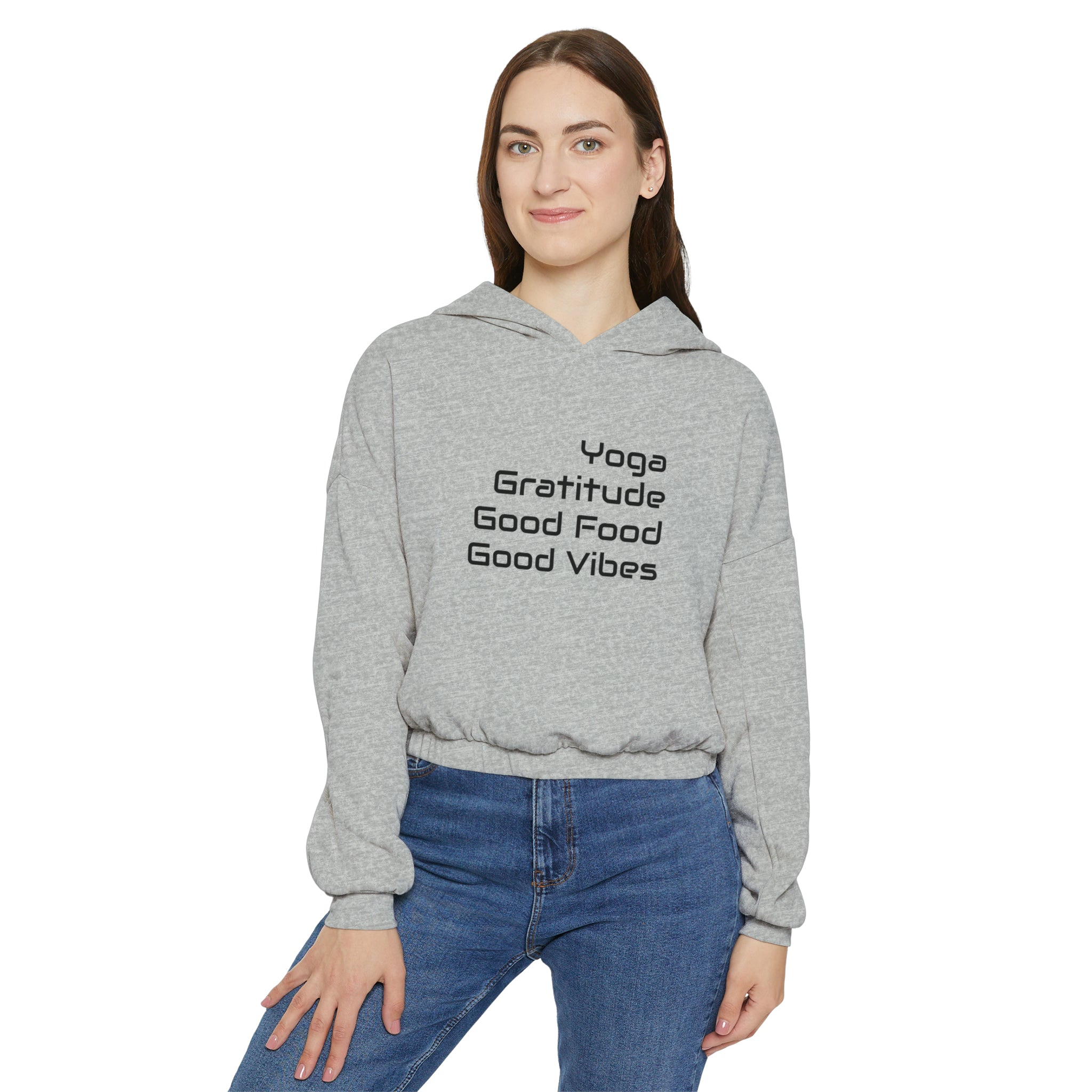 Yoga, Gratitude, Good Food and Good Vibes Cropped Women's Cinched Bottom Hoodie, Green, Gray, Black, Tan