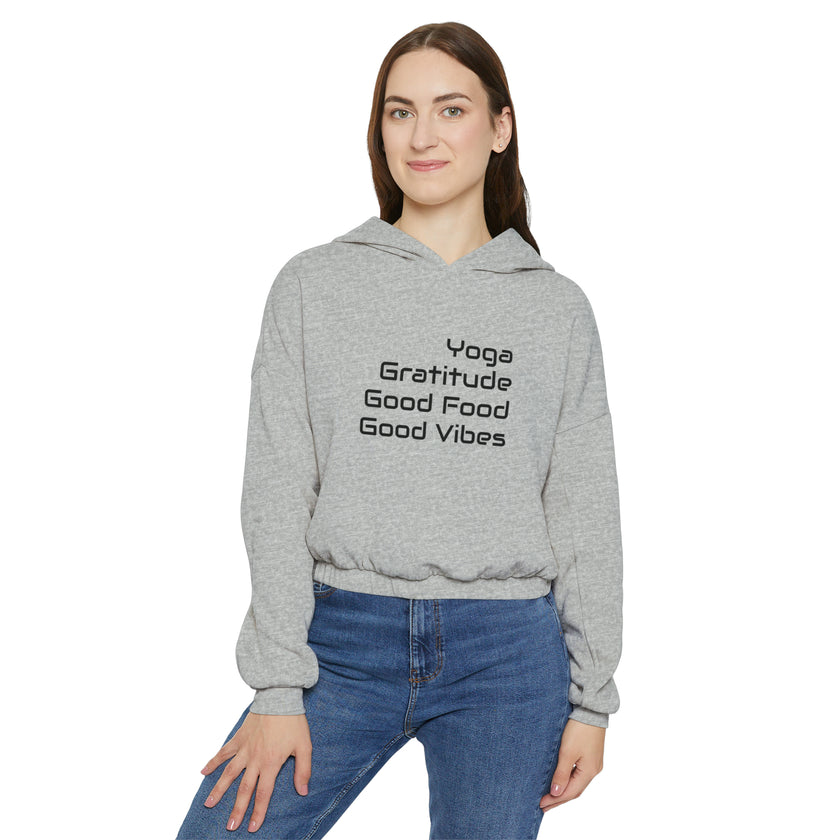 Yoga, Gratitude, Good Food and Good Vibes Cropped Women's Cinched Bottom Hoodie, Green, Gray, Black, Tan