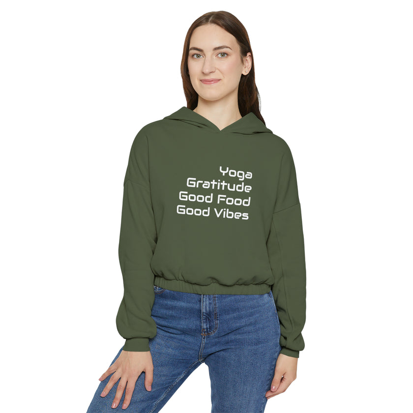 Yoga, Gratitude, Good Food and Good Vibes Cropped Women's Cinched Bottom Hoodie, Green, Gray, Black, Tan