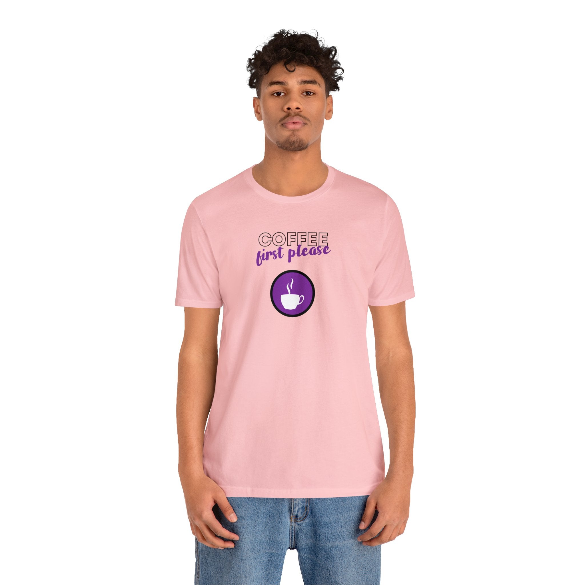 Coffee first please purple image Unisex Jersey Short Sleeve Tee