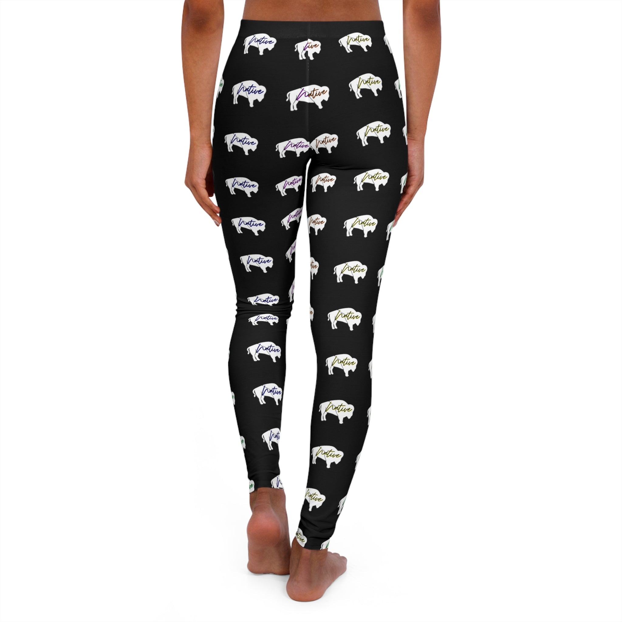 White Innii-Bison with Rainbow Colored Text Black Women's Spandex Leggings