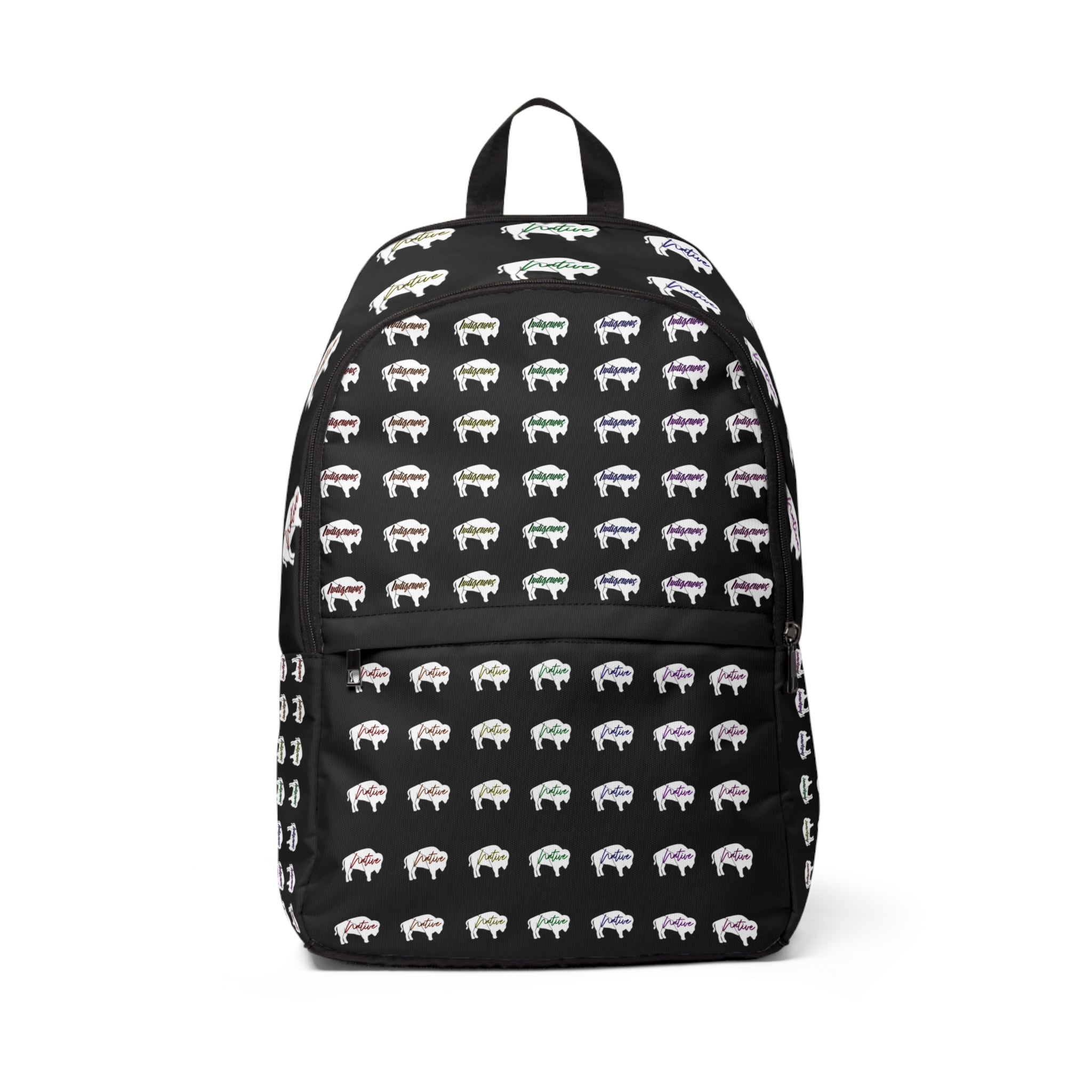 White Innii-Bison Black Backpack with Rainbow Native Indigenous Text Unisex Fabric Backpack-Laptop pocket