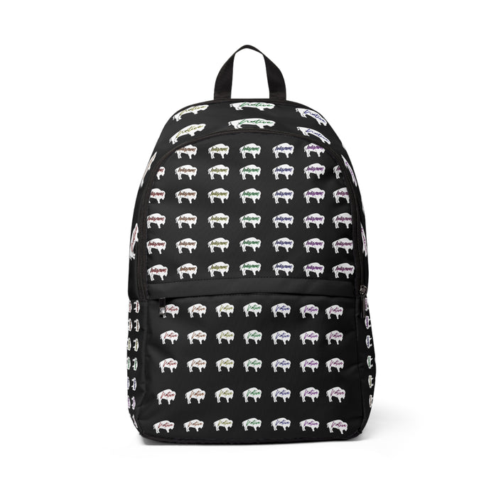 White Innii-Bison Black Backpack with Rainbow Native Indigenous Text Unisex Fabric Backpack-Laptop pocket