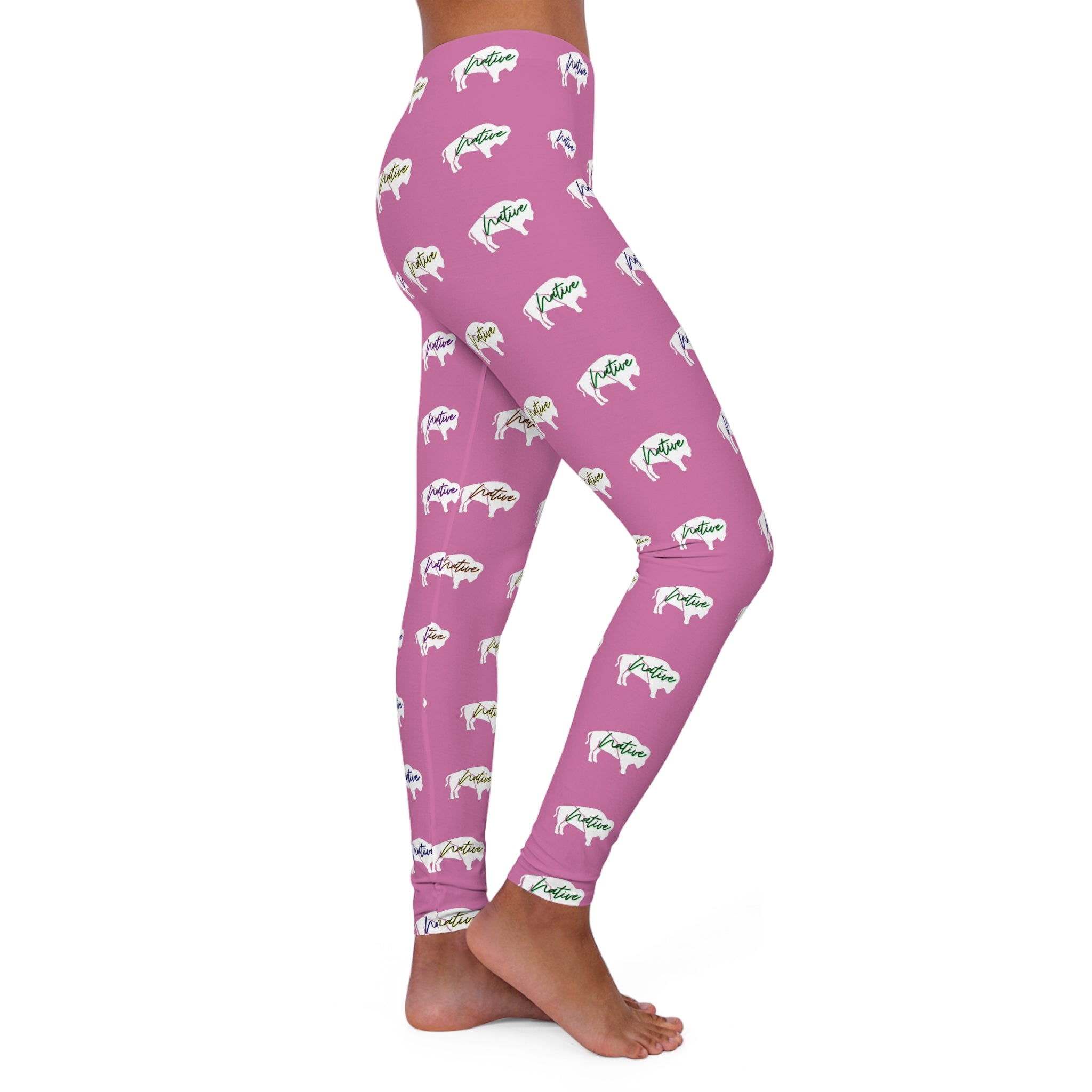 White Innii-Bison with Rainbow Colored Text Pink-Women's Spandex Leggings