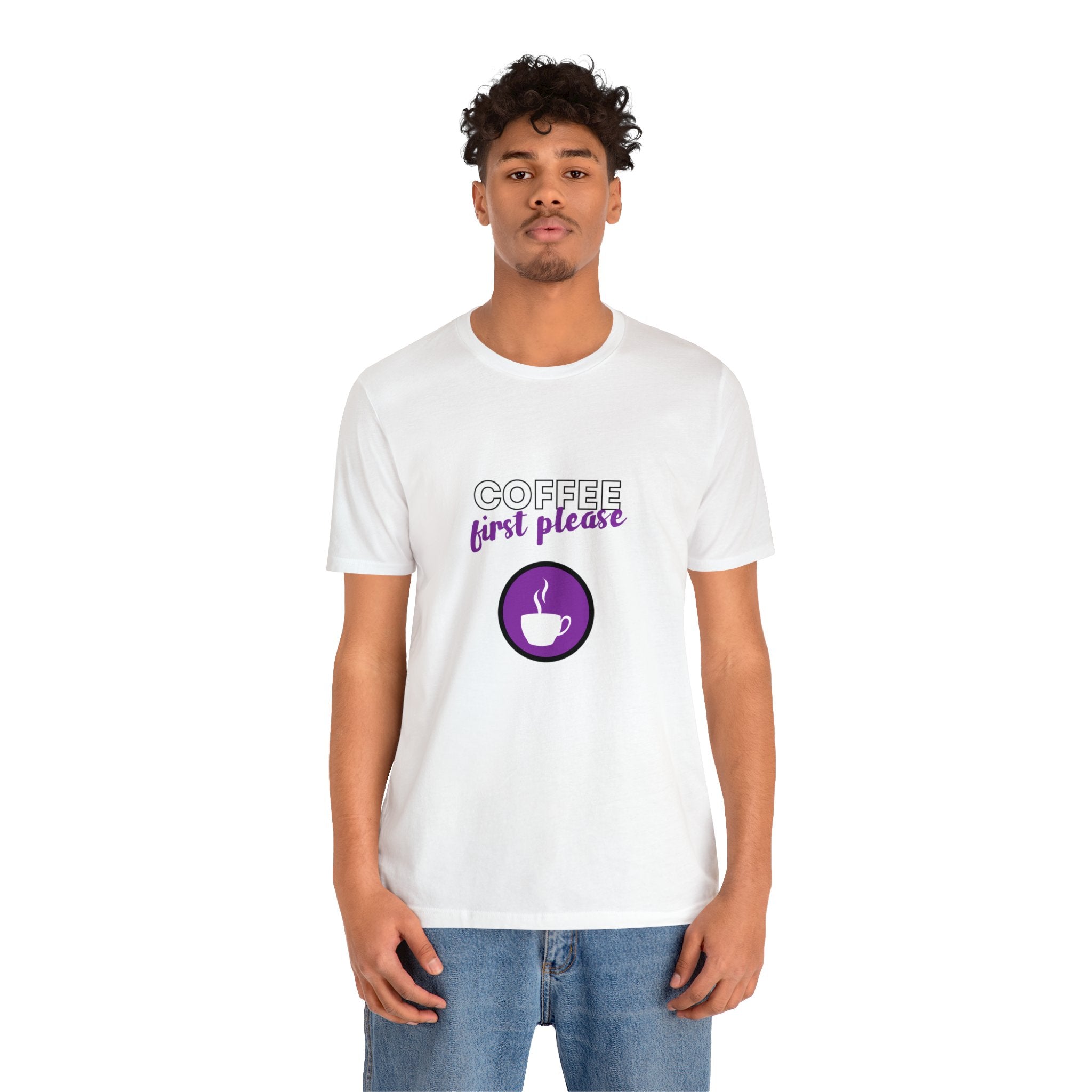 Coffee first please purple image Unisex Jersey Short Sleeve Tee