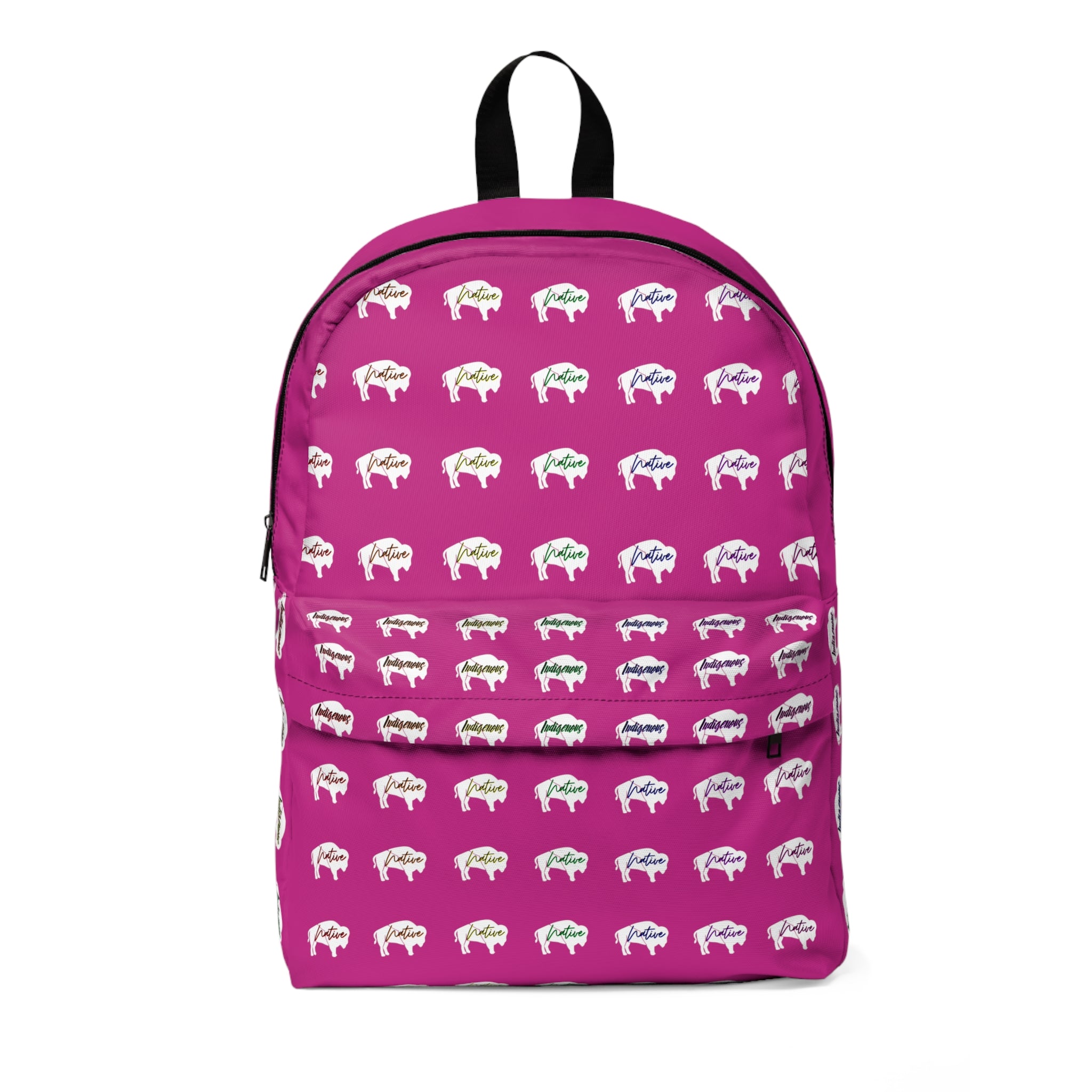 White Innii-Bison Pink Backpack with Rainbow Native Indigenous Text Unisex Classic Backpack