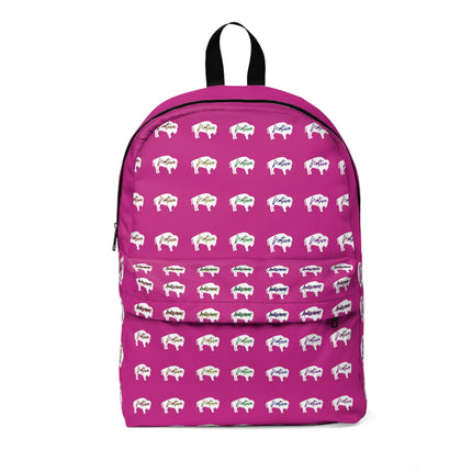 White Innii-Bison Pink Backpack with Rainbow Native Indigenous Text Unisex Classic Backpack