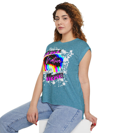Native Innii aka Bison Graphic, Still Here, Native Pride, White, Mauve, Black, Teal or Grey, Women’s Flowy Rolled Cuffs Muscle Tee