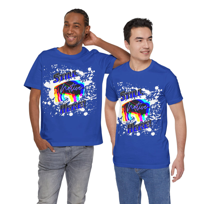 Native Innii aka Bison Graphic, Still Here, Native Pride, White, Orange, Black, Green, Blue, or Red Unisex Jersey Short Sleeve Tee