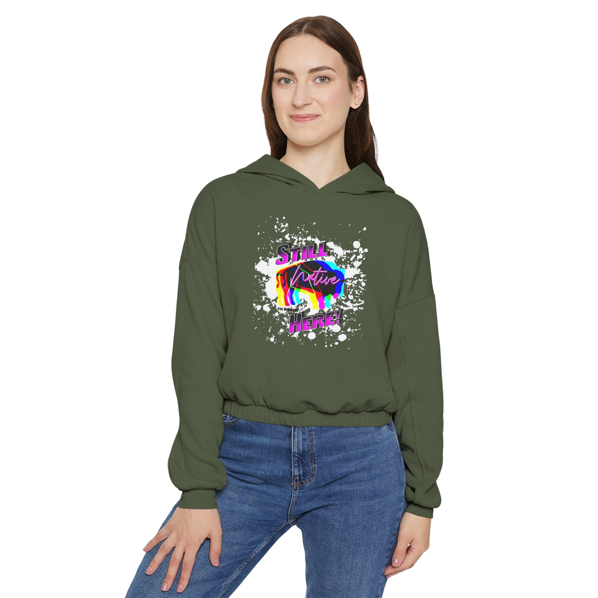 Native Innii aka Bison Graphic, Still Here, Native Pride, Black, Dust, Green or Athletic, Women's Cinched Bottom Hoodie