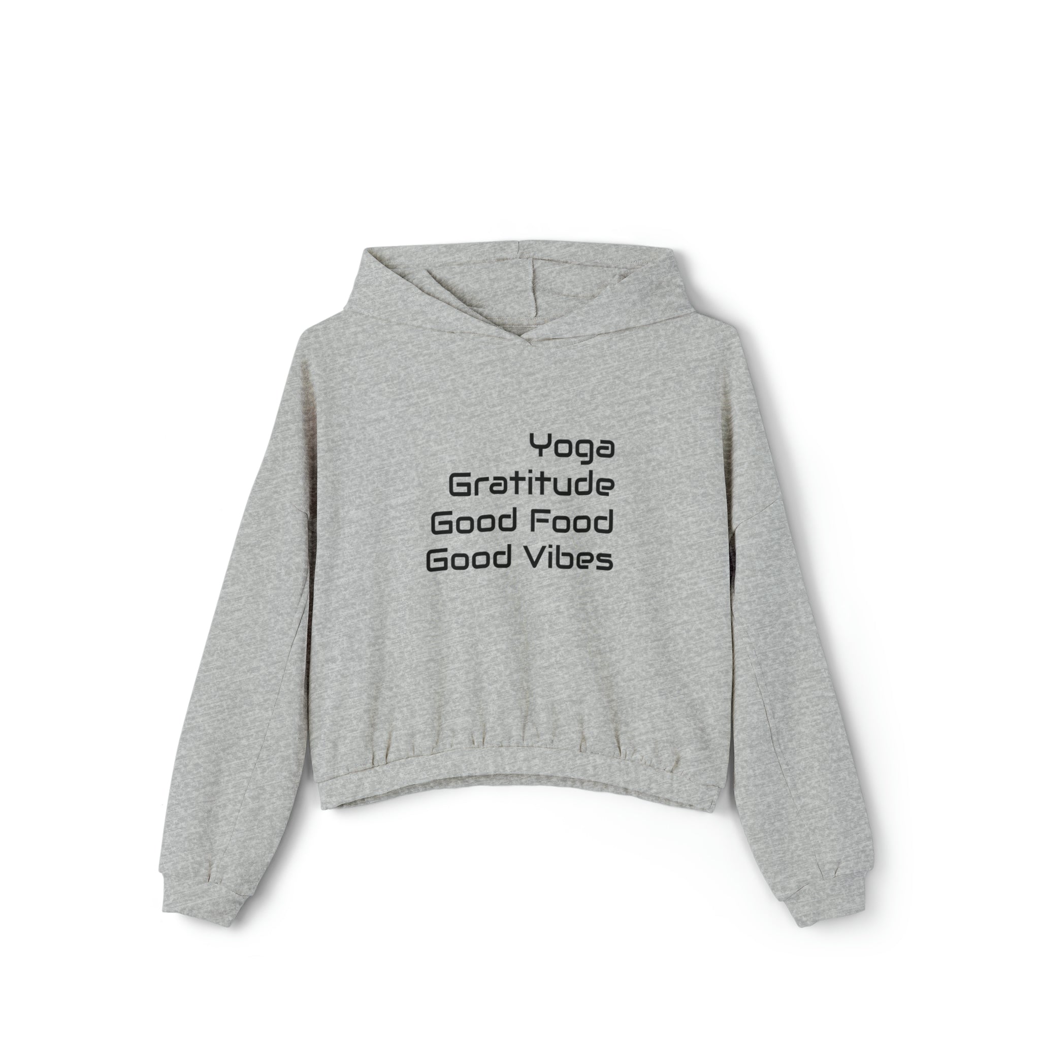 Yoga, Gratitude, Good Food and Good Vibes Cropped Women's Cinched Bottom Hoodie, Green, Gray, Black, Tan