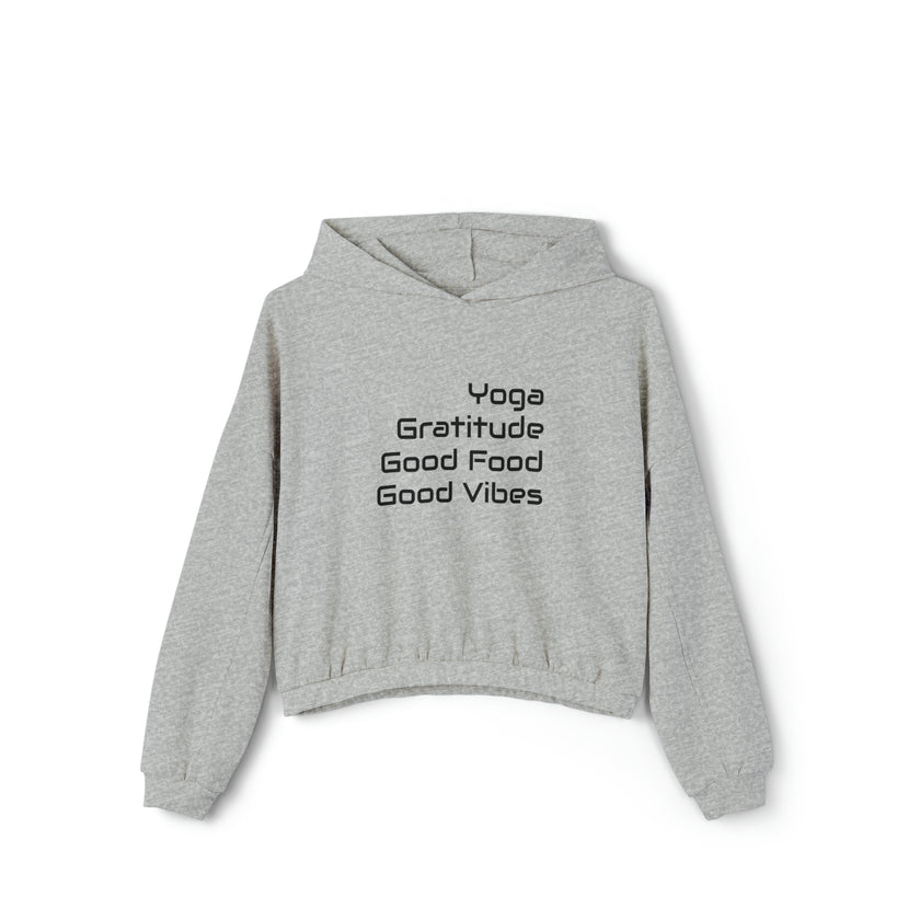 Yoga, Gratitude, Good Food and Good Vibes Cropped Women's Cinched Bottom Hoodie, Green, Gray, Black, Tan