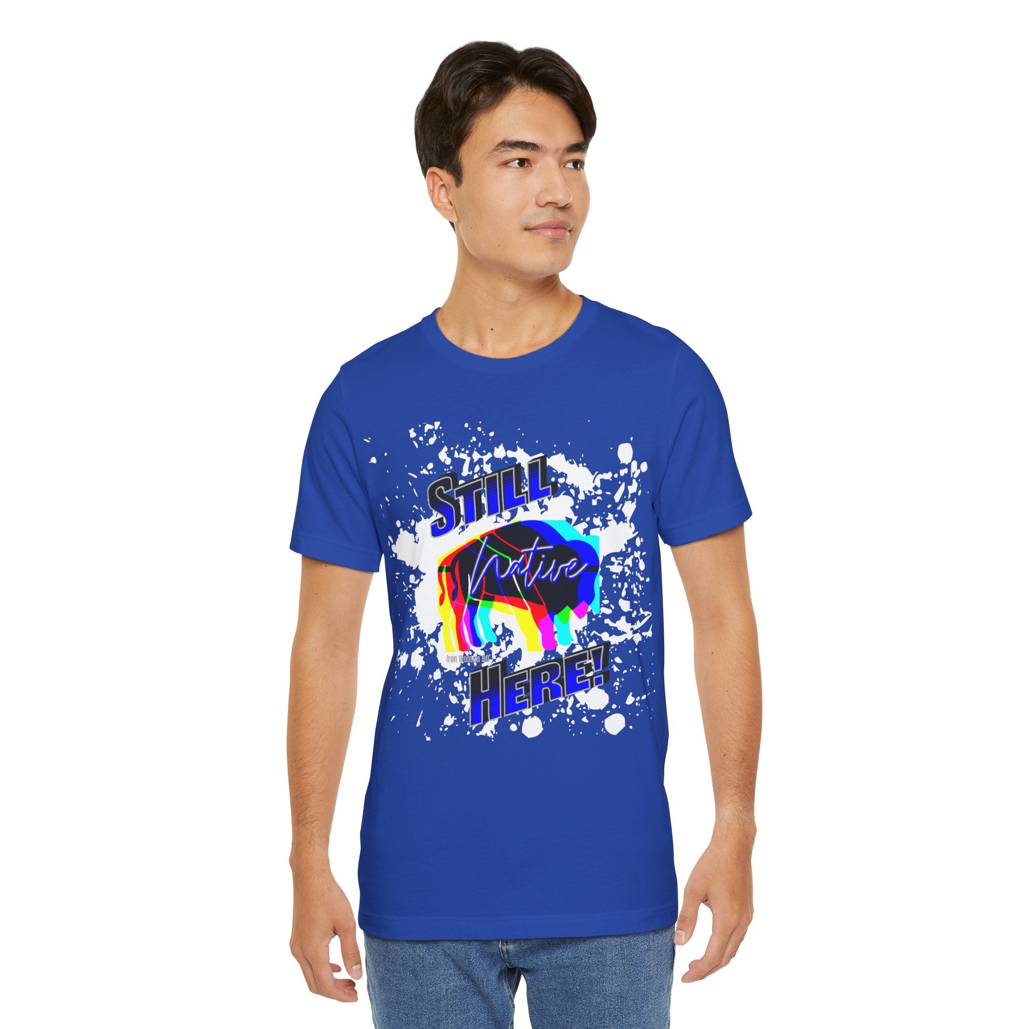 Native Innii aka Bison Graphic, Still Here, Native Pride, White, Orange, Black, Green, Blue, or Red Unisex Jersey Short Sleeve Tee