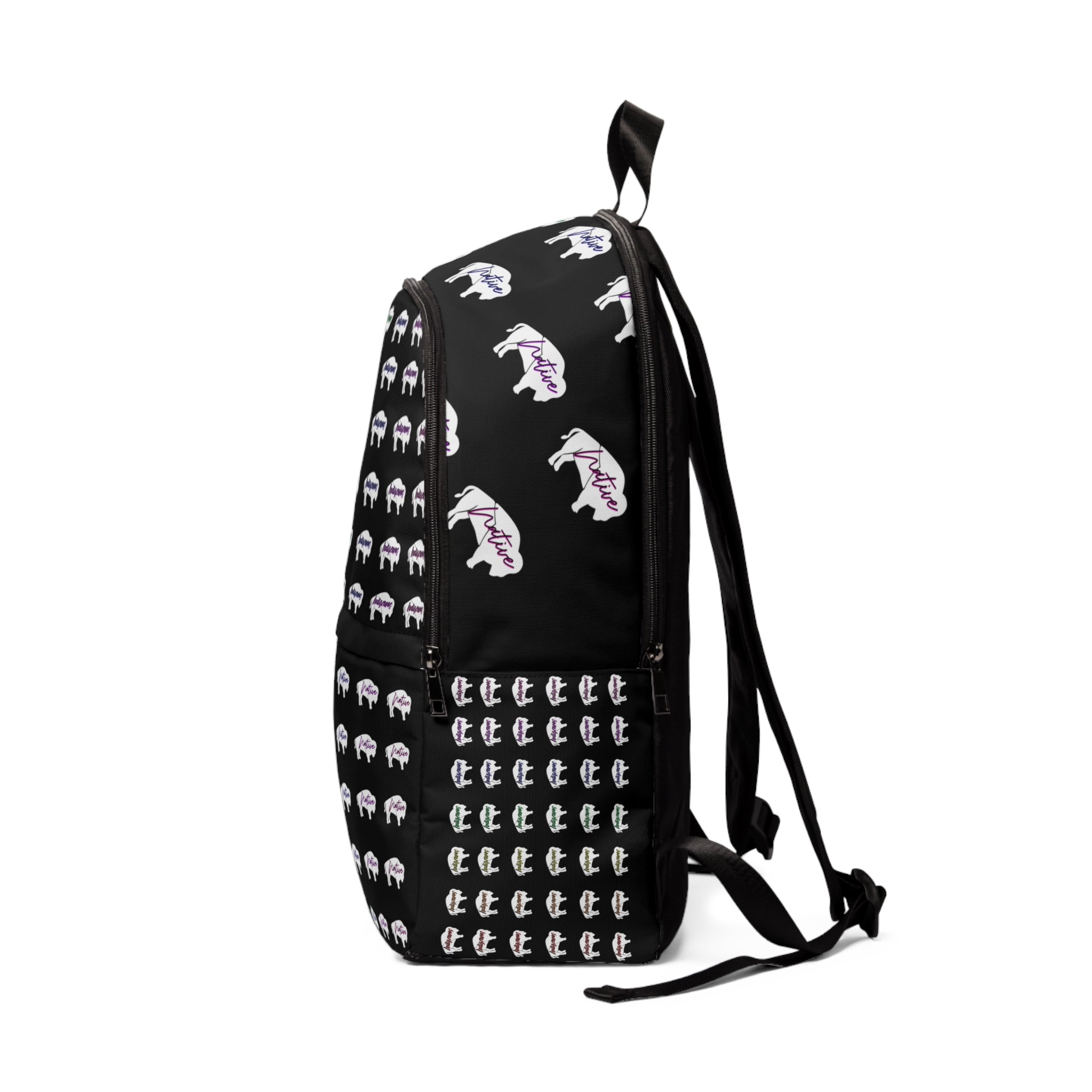White Innii-Bison Black Backpack with Rainbow Native Indigenous Text Unisex Fabric Backpack-Laptop pocket