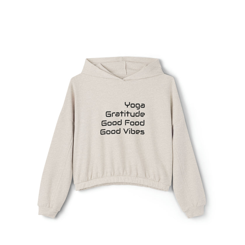 Yoga, Gratitude, Good Food and Good Vibes Cropped Women's Cinched Bottom Hoodie, Green, Gray, Black, Tan