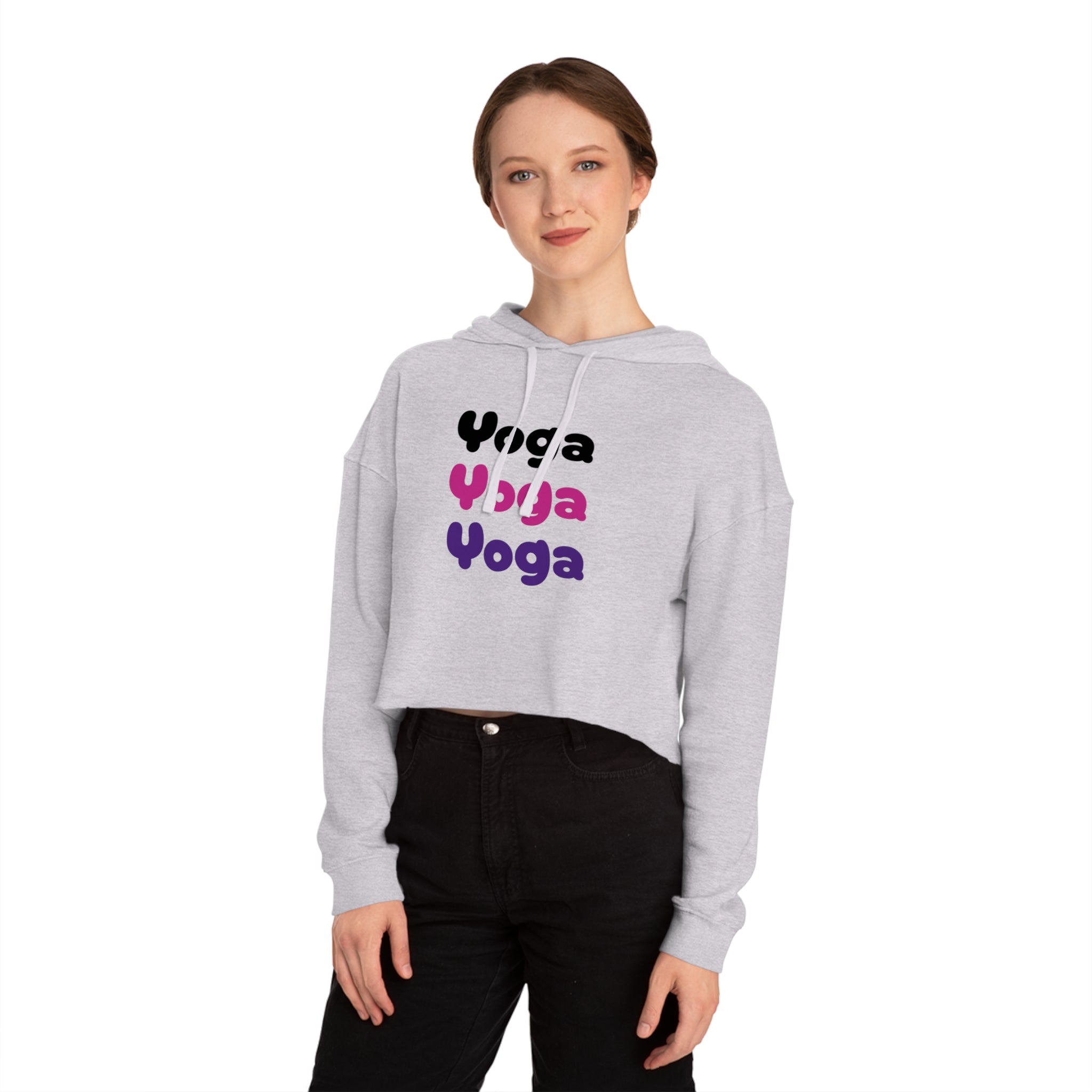 Yoga Yoga Yoga, Black Pink Purple text Women’s Cropped Hooded Sweatshirt, White or Gray