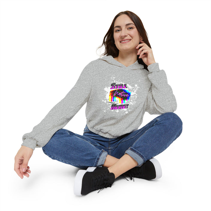 Native Innii aka Bison Graphic, Still Here, Native Pride, Black, Dust, Green or Athletic, Women's Cinched Bottom Hoodie