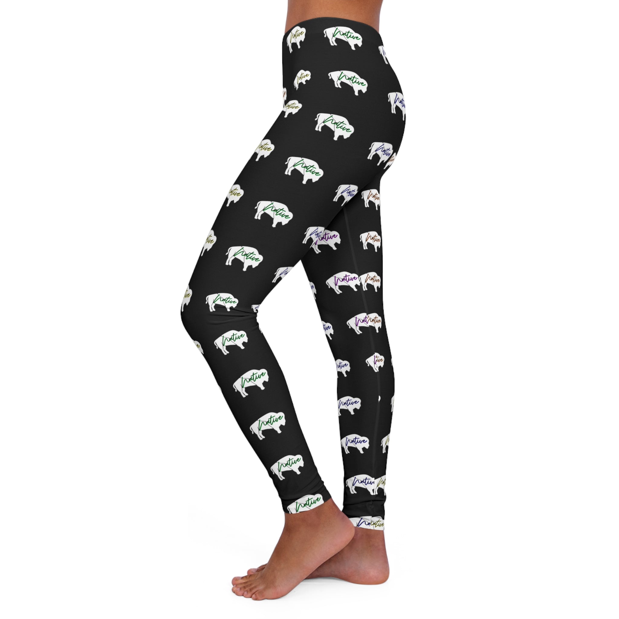 White Innii-Bison with Rainbow Colored Text Black Women's Spandex Leggings