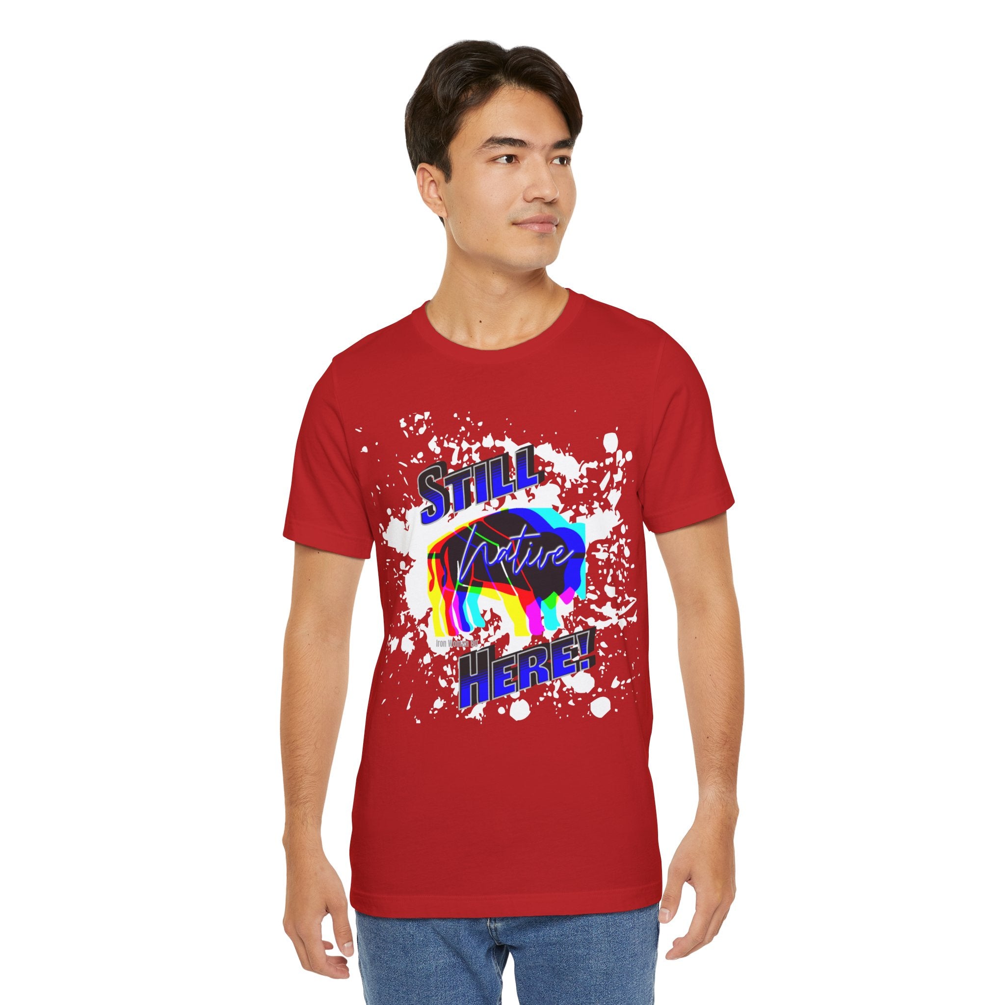 Native Innii aka Bison Graphic, Still Here, Native Pride, White, Orange, Black, Green, Blue, or Red Unisex Jersey Short Sleeve Tee