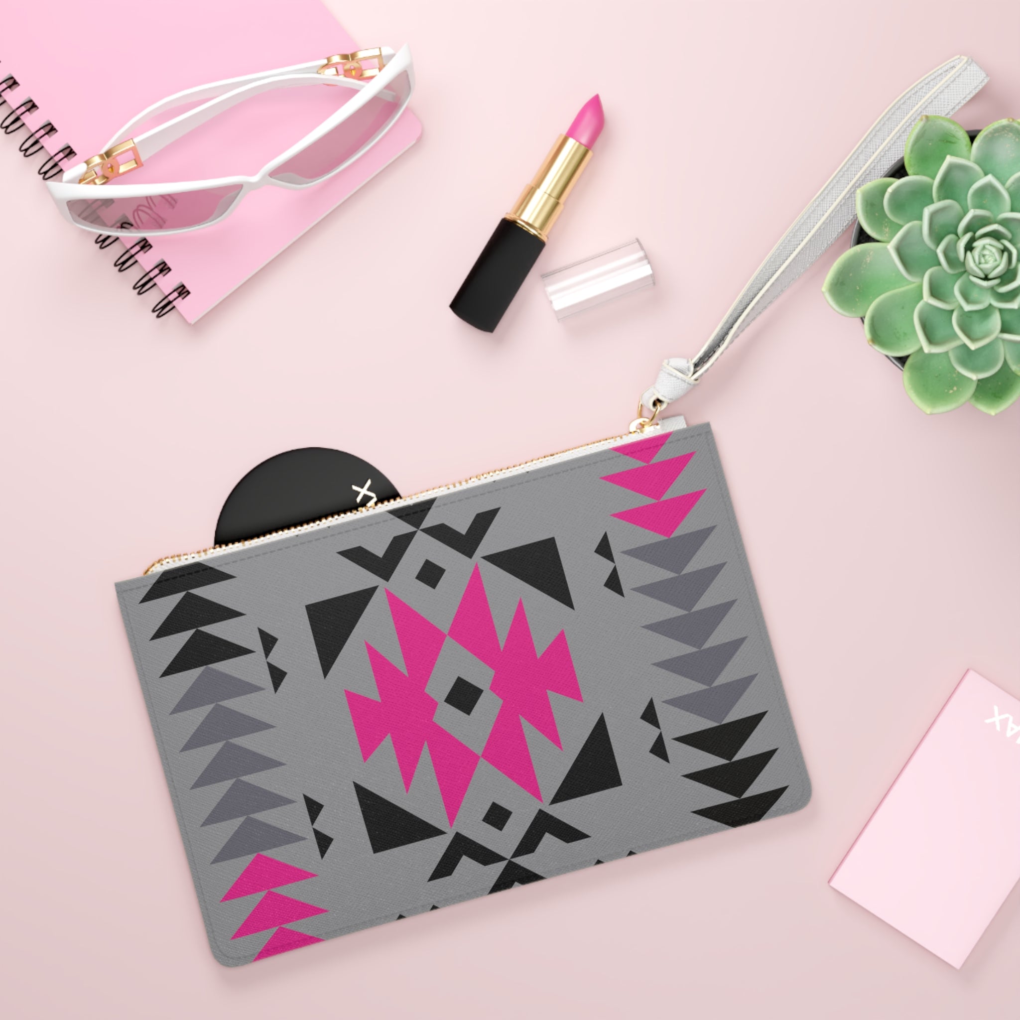 Pink Gray and Black Native Pattern Clutch Bag