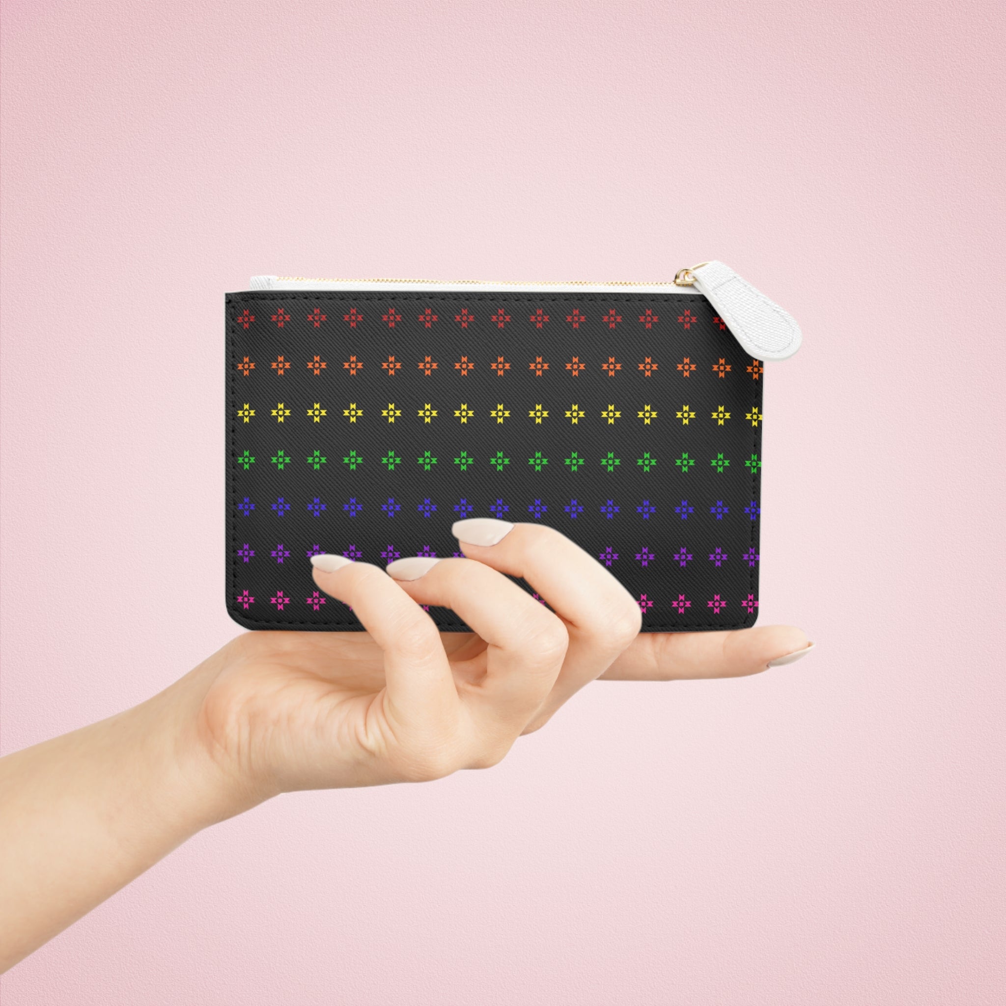 Rainbow Native Star Pattern, Black Zippered Mini Clutch Bag