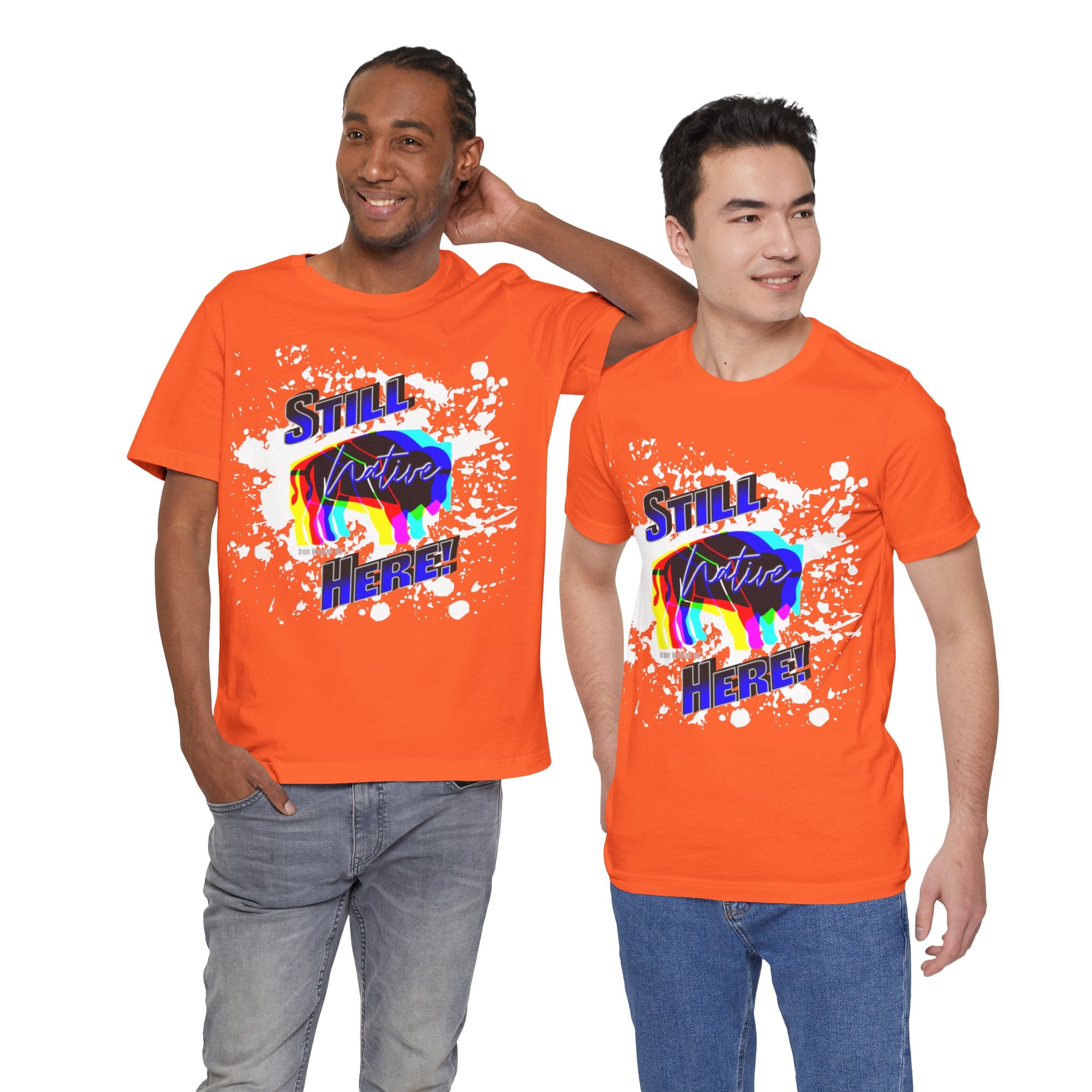 Native Innii aka Bison Graphic, Still Here, Native Pride, White, Orange, Black, Green, Blue, or Red Unisex Jersey Short Sleeve Tee