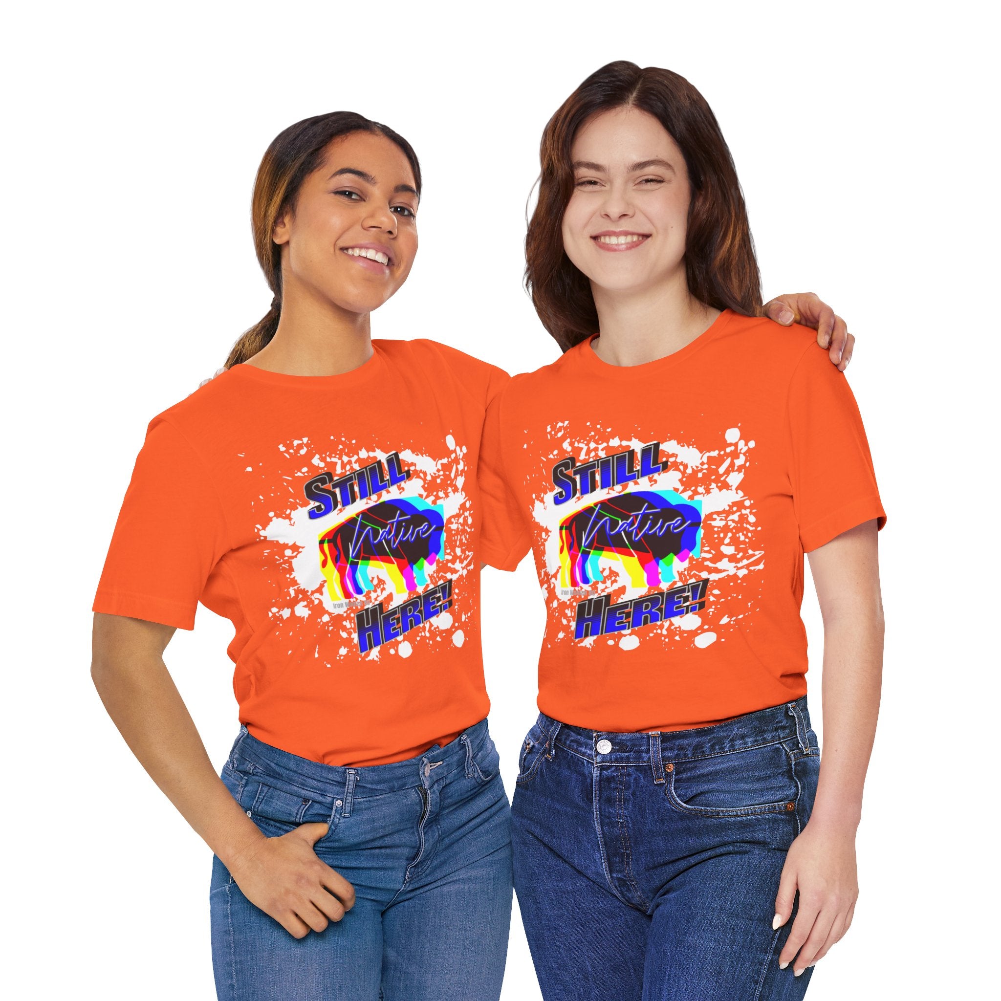 Native Innii aka Bison Graphic, Still Here, Native Pride, White, Orange, Black, Green, Blue, or Red Unisex Jersey Short Sleeve Tee
