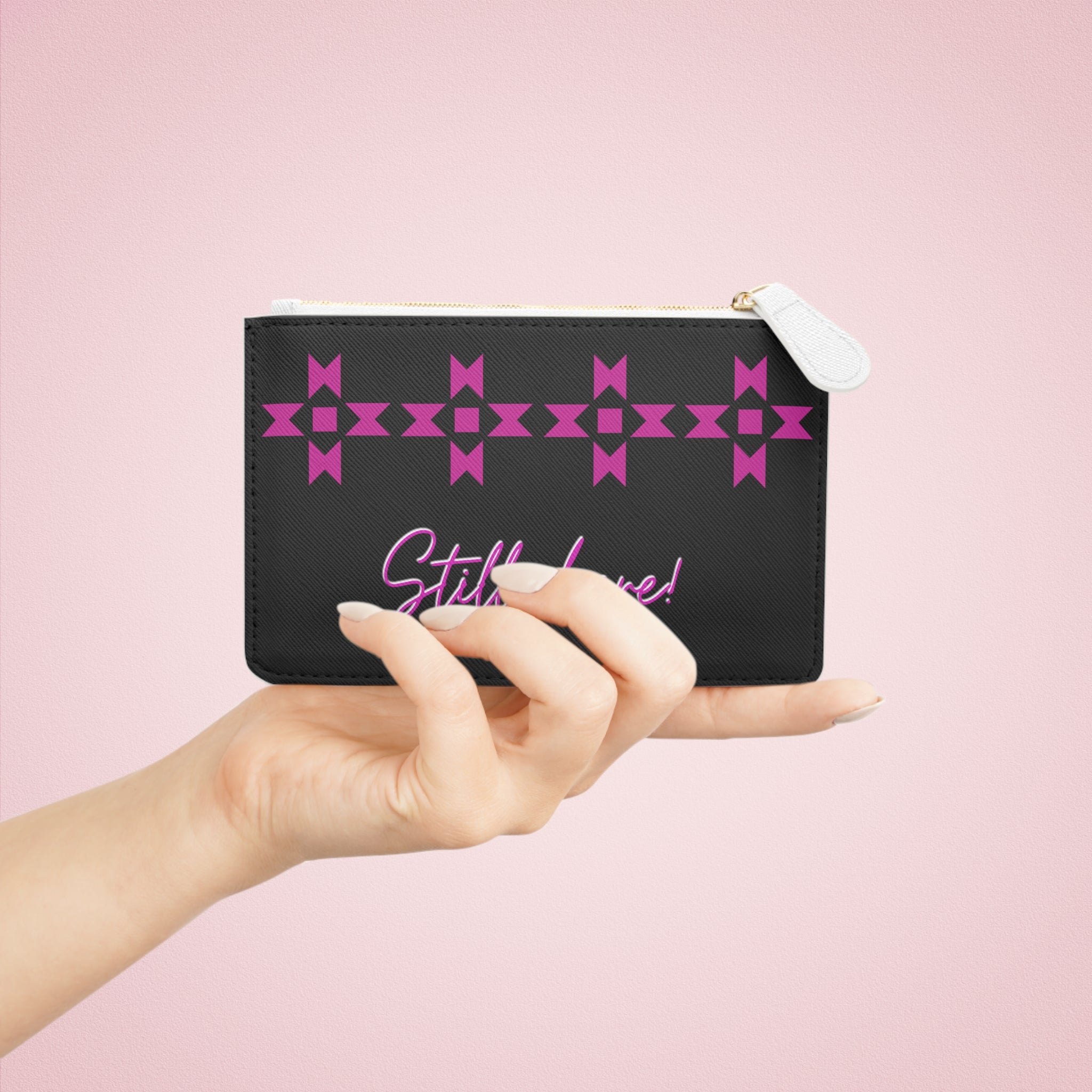 Pink Still here on Black Mini Clutch Bag, Card Holder