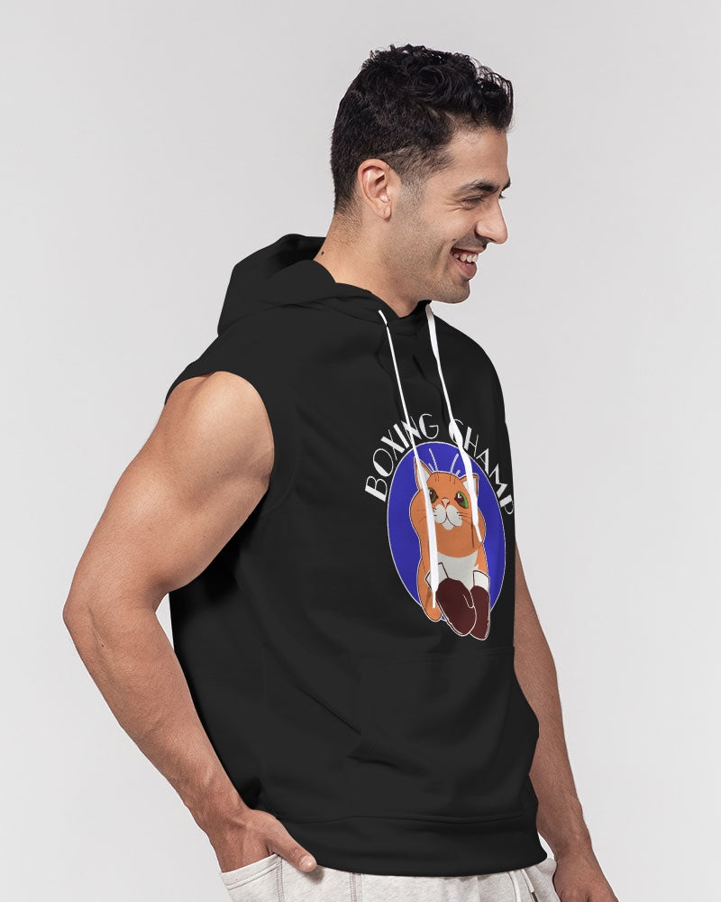 Boxing Champ, Cat Graphic, Black Men's Heavyweight, Sleeveless Hoodie