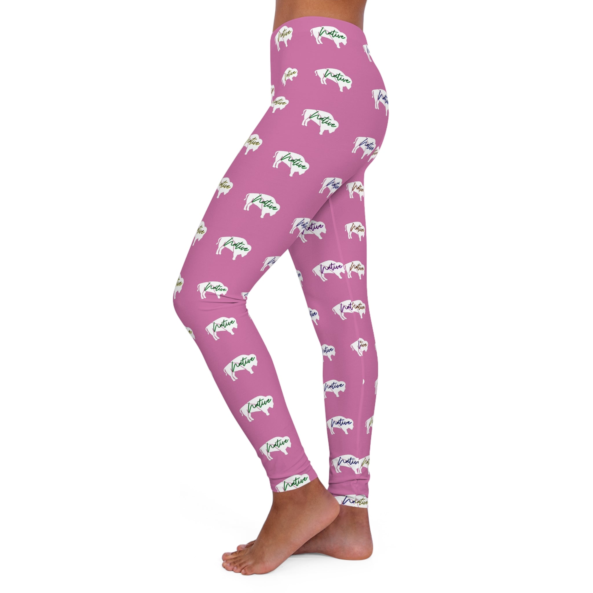 White Innii-Bison with Rainbow Colored Text Pink-Women's Spandex Leggings