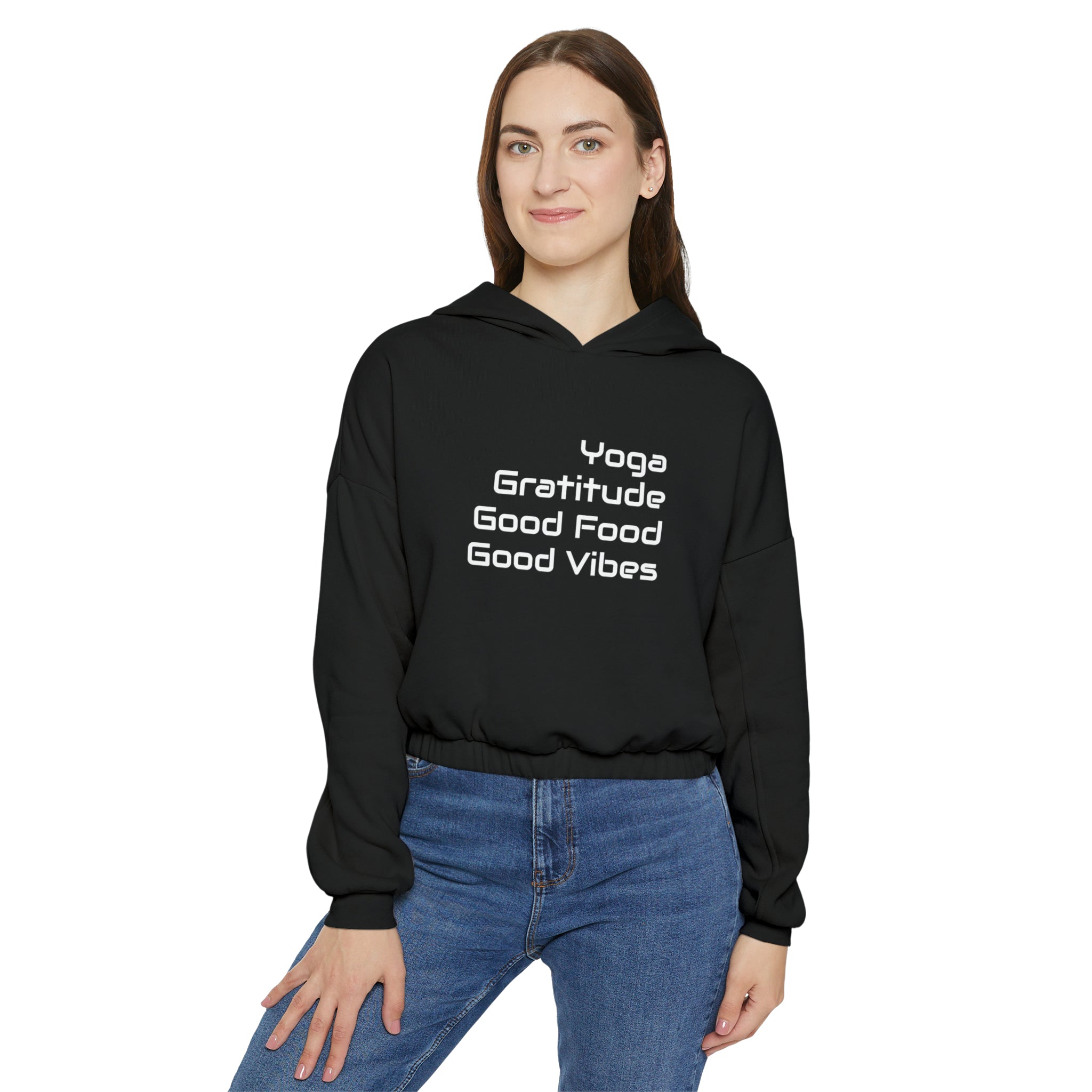 Yoga, Gratitude, Good Food and Good Vibes Cropped Women's Cinched Bottom Hoodie, Green, Gray, Black, Tan