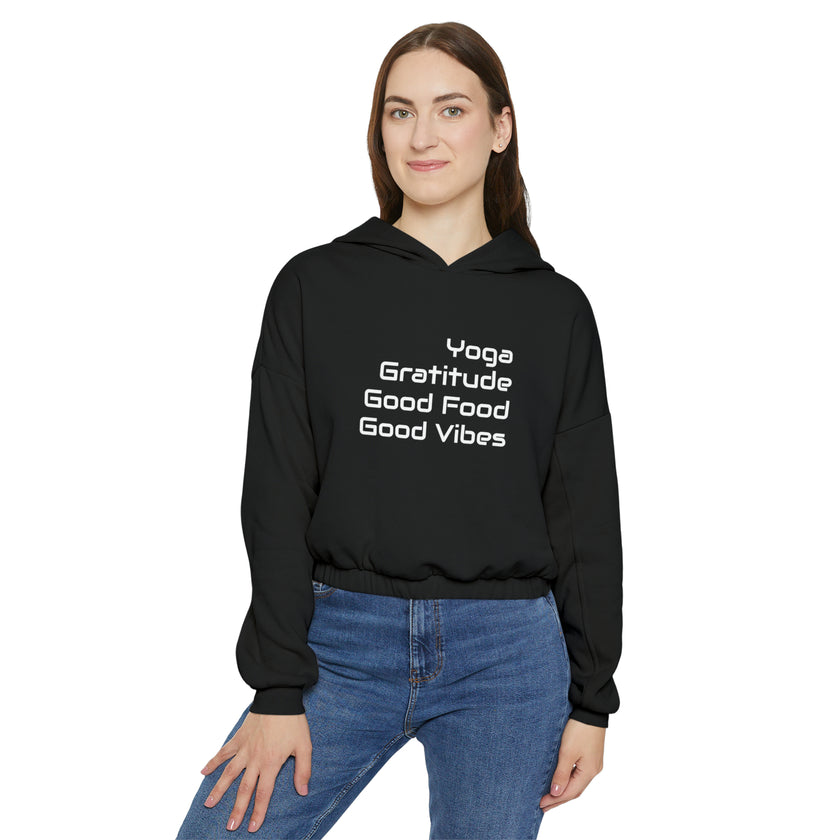 Yoga, Gratitude, Good Food and Good Vibes Cropped Women's Cinched Bottom Hoodie, Green, Gray, Black, Tan
