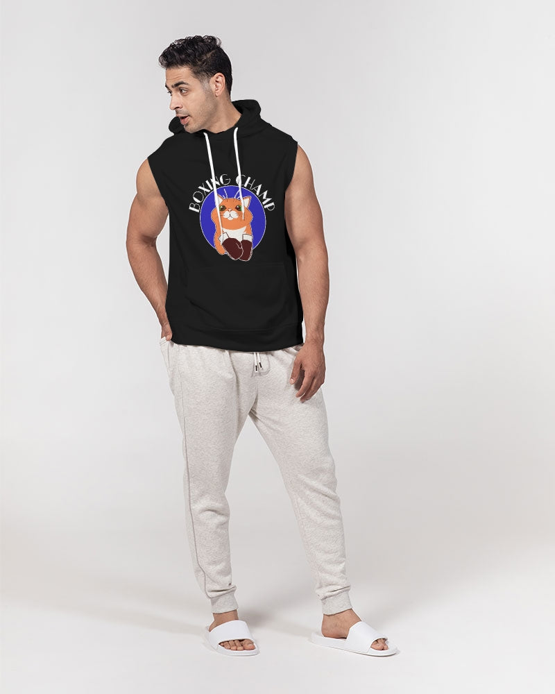 Boxing Champ, Cat Graphic, Black Men's Heavyweight, Sleeveless Hoodie