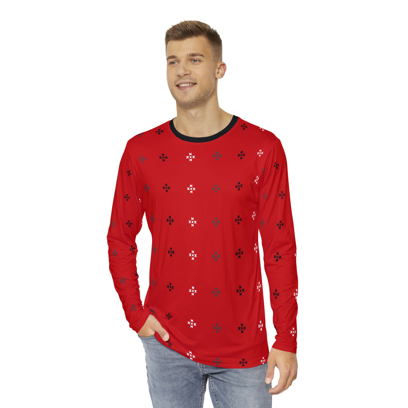 Red Native Stars Pattern Men's Long Sleeve Shirt (AOP)