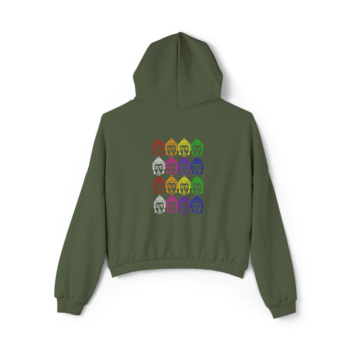 Yoga, Gratitude, Good Food and Good Vibes Cropped Women's Cinched Bottom Hoodie, Green, Gray, Black, Tan