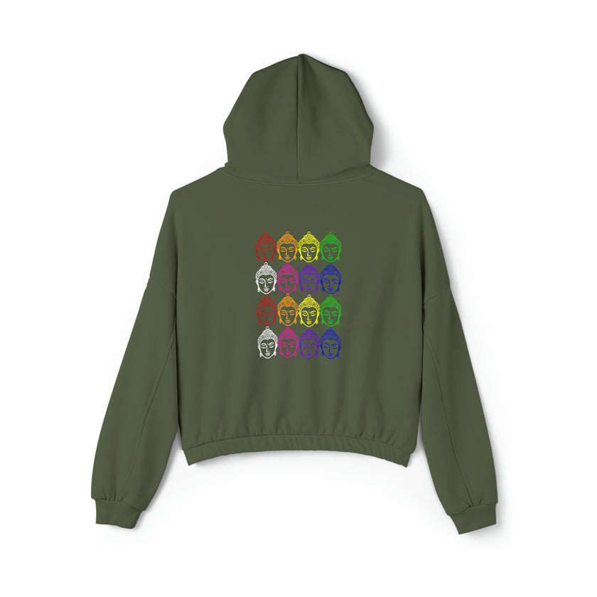 Yoga, Gratitude, Good Food and Good Vibes Cropped Women's Cinched Bottom Hoodie, Green, Gray, Black, Tan